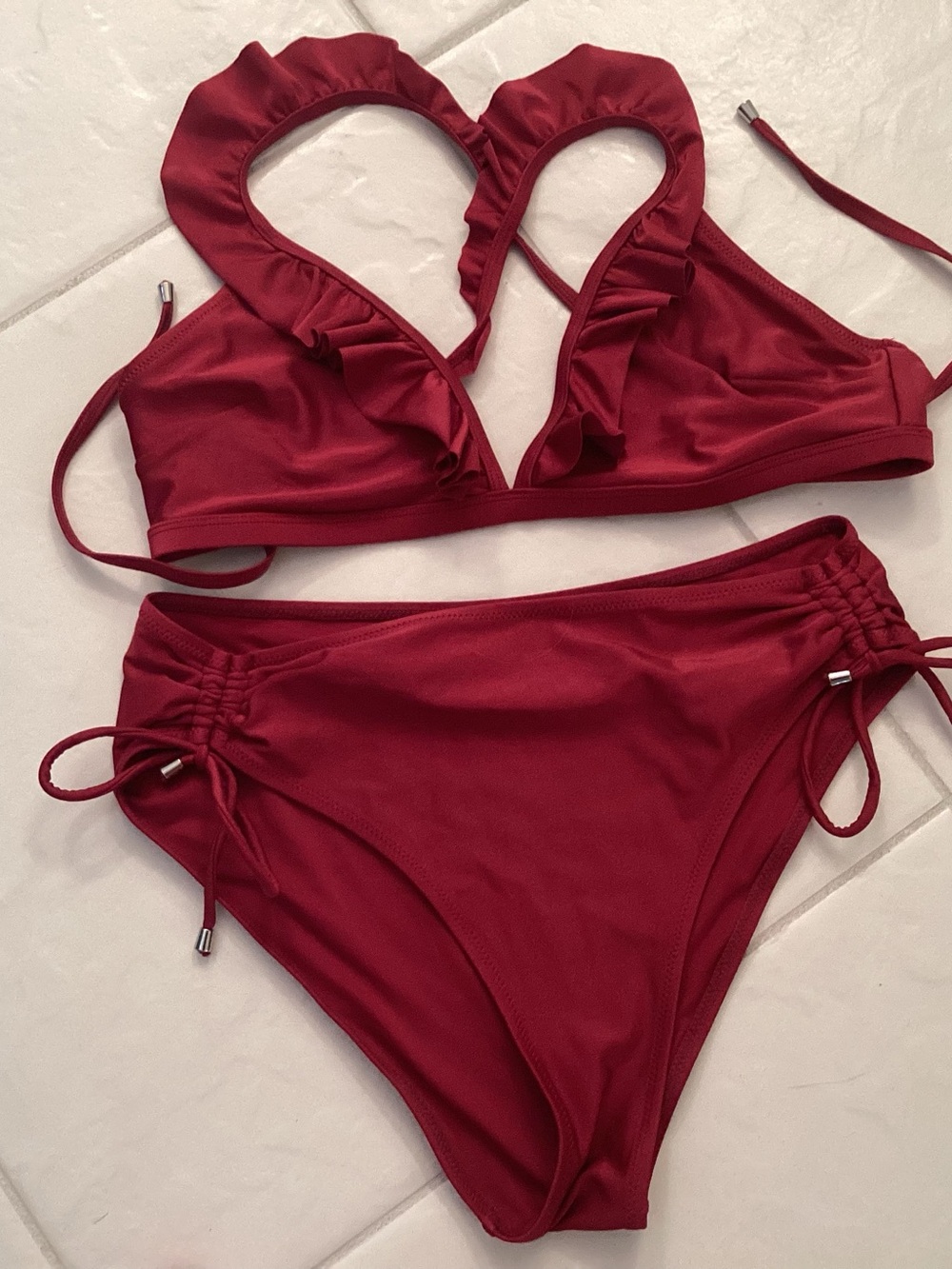 Burgundy small ruffle neck string bikini size XL softy worn no damage